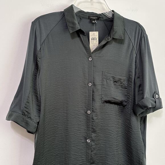 Ann Taylor Blouse 8 Hunter Green Satin Jersey Short Roll Tab Sleeve Office NEW - Picture 4 of 9